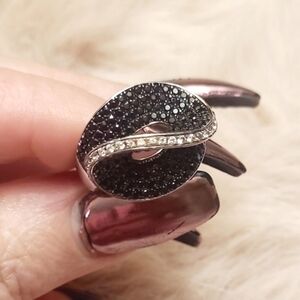 3.02CTW Round Black Spinel & .35CTW Round White Zircon Sterling Silver Ring Sz 8